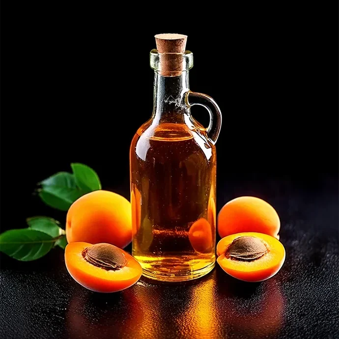 Aprikosekernöl, Ölflasche mit Aprikosen