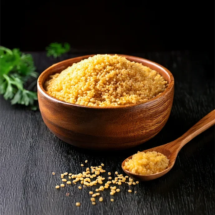 Bulgur in Holzschale auf Tisch