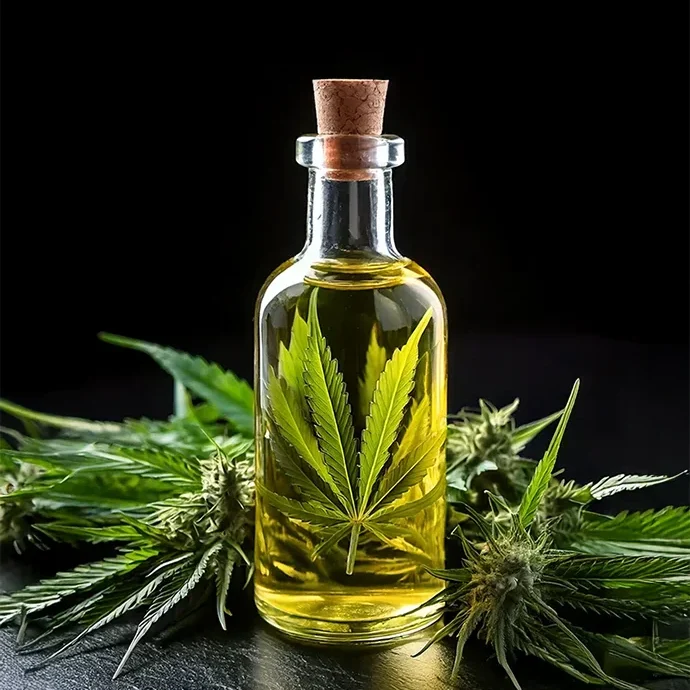 Hanföl Flasche mit Hanf-Pflanzen
