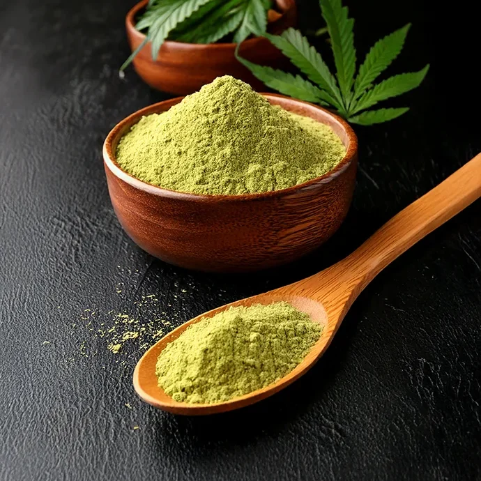 Hanfprotein mit Holzlöffel auf Tisch