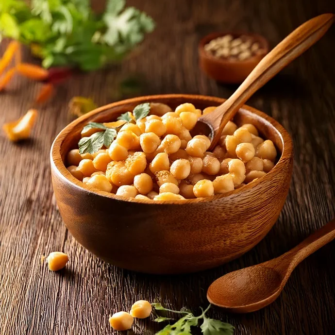 Kichererbsen in Holzschale auf Tisch