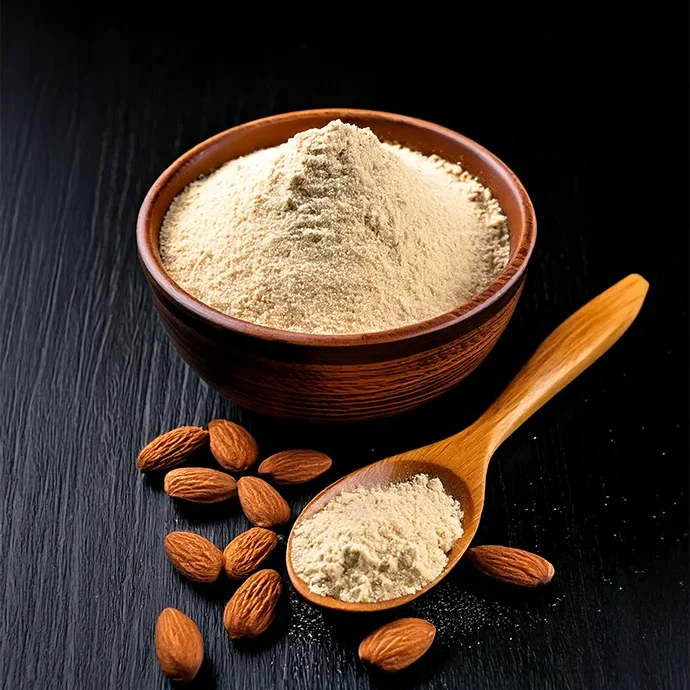 Mandelprotein mit Holzlöffel auf Tisch
