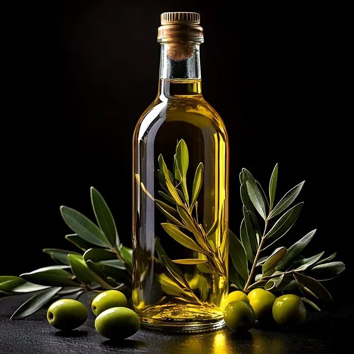 Olive oil bottle with olives and olive leaves