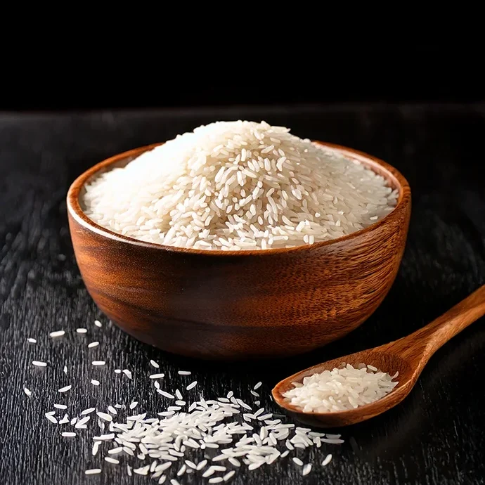 Holzschale mit Reis und Holzlöffel