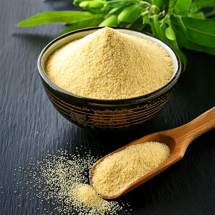 Sesamprotein mit Holzlöffel auf Tisch