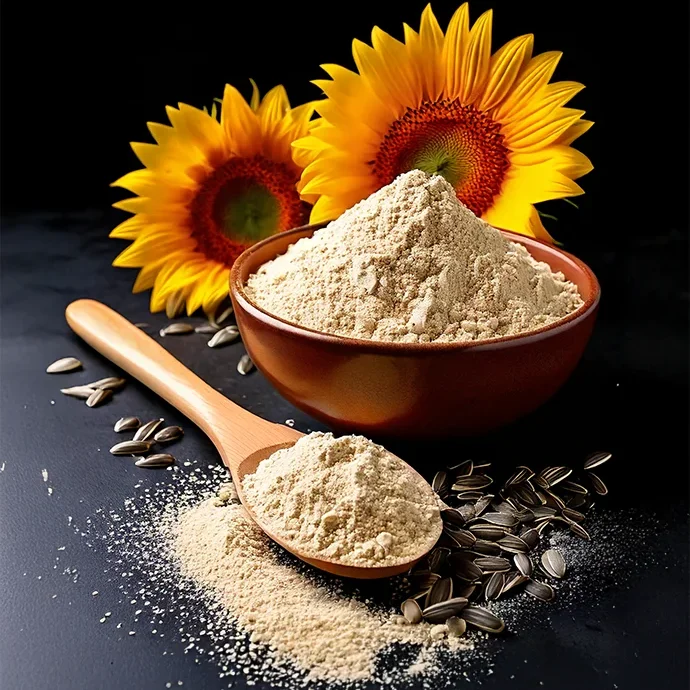 Sonnenblumenprotein mit Holzlöffel auf Tisch