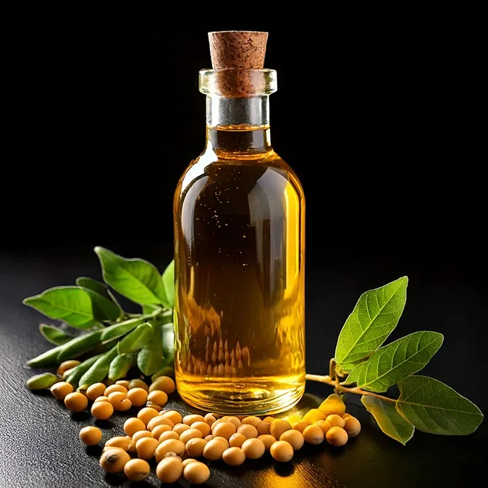 Soybean oil with soybeans and leaves